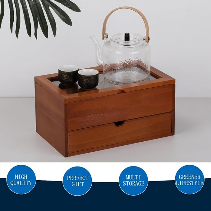 Tea Bag organizer Storage Box with Drawer Tea Organizers with Clear Acrylic Window Wooden Tea Box for Countertop with 8 Compartments Teabag Holder with 4 Cotton Woven Coasters（WBrown02）
