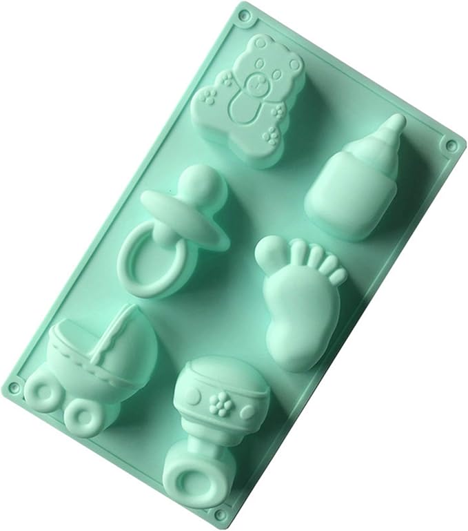 Joyeee 1Pcs Baby Shower Theme Silicone Mold, Little Feet Bear Baby Carriages Baby Pacifier Fondant Mold for Sugarcraft, Cupcake, Ice Cube, Pastry, Polymer Clay, Soap, Wax Melt Making, Cake Decoration