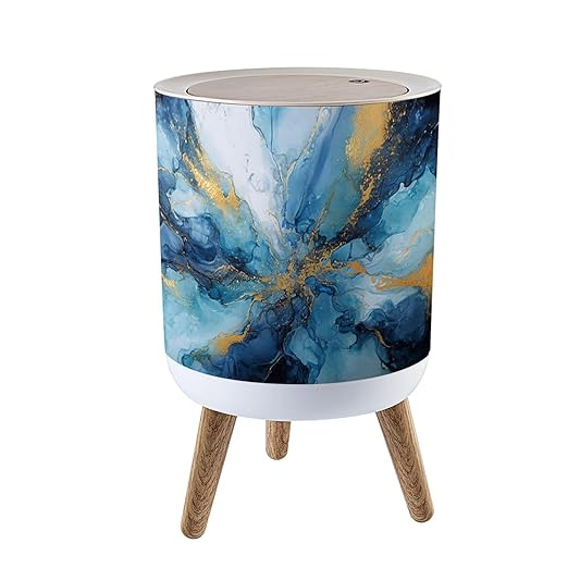 Trash Can with Lid Abstract visual blue marble style painting glitter gold veins white Press Top Round Small Garbage Bin with Wooden Legs Waste Basket for Kitchen Bedroom Nursery 7L/1.8 Gallon