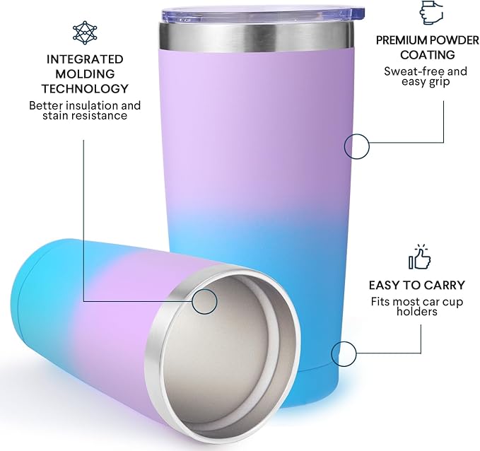 Volhoply 20oz Stainless Steel Tumbler with Lid and Straw Bulk 8 Pack,Double Wall Insulated Travel Iced Coffee Mug Fits Cup Holder,Powder Coated Cups for Hot/Cold Drinks,Christmas Gifts（lavender,8 Set）