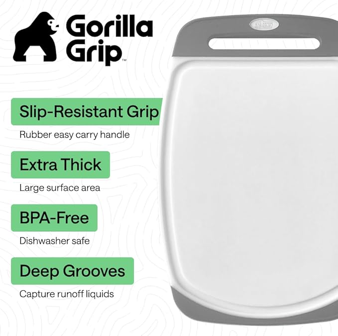 GORILLA GRIP BPA-Free Reversible Kitchen Cutting Board Set of 3, US Designed, Nonporous, Juice Grooves Catch Liquid, Slip Resistant Border, Dishwasher Safe, Durable Large Food Chopping Boards, Gray
