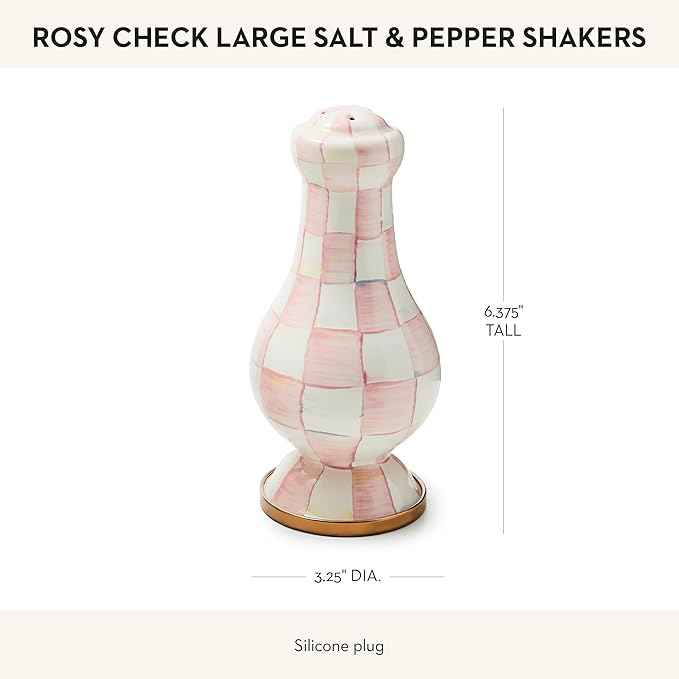 MACKENZIE-CHILDS Enamel Salt and Pepper Shakers, Kitchen Table Spice Shaker Set, Pink-and-White Rosy Check, Large