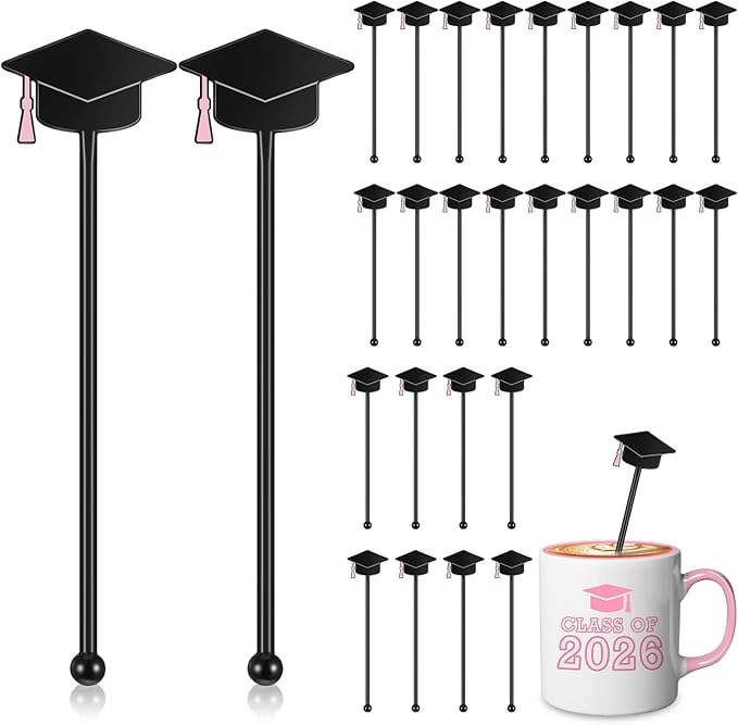 SiliFine 30 Pcs Graduation Cap Drink Stirrers Graduation Stir Sticks Coffee Stirrers Cocktail Mixers Plastic Swizzle Sticks Hot Cocoa Bar Supplies for Party Bar Coffee Tea Favors (Pink)