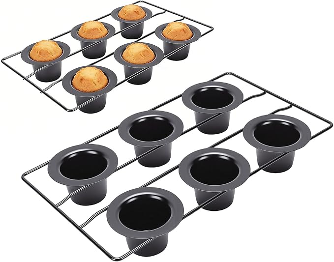 6 Cup Popover Pan, Premium Carbon Steel Easy To Clean Non Stick Cupcake Pan Round 8.9X15.9X2.2Inch Popover Cake with Wire Rack for Pudding, Muffins, Popovers