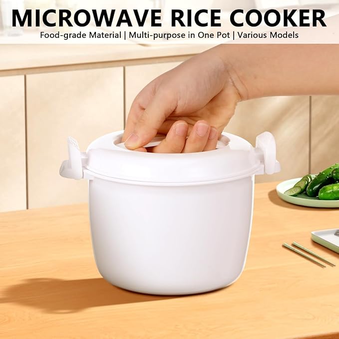 Microwave Rice Cooker, Microwave Pasta Cooker, 1.9 QT Micr Rice Steamer with Locking Lid, Portable Micr Chicken Cookers for Soup, Vegetable, Mashed Potatoes, Fish, Quick Healthy Meals 8.3 x 6.9 x 5.5 inch