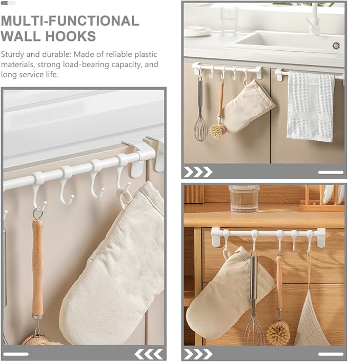 TOYANDONA No-Drill Under Cabinet Plastic Utensil Hooks 5-Row Kitchen Hanging Rack for Cookware and Spoon Storage, White Multi-Purpose Organizer for Kitchenware and Sundries