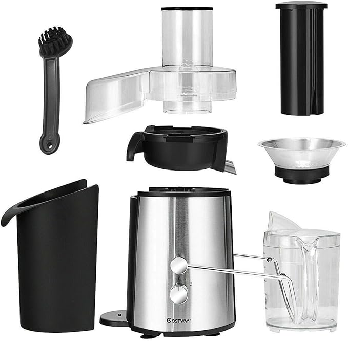 COSTWAY Juice Extractor, 75MM Wide Mouth Stainless Steel Juicer Machines, 2-Speed Setting High Speed Masticating Juicer Machine for Fruits and Vegetable with Slag Pot and Juice Jug, BPA-Free