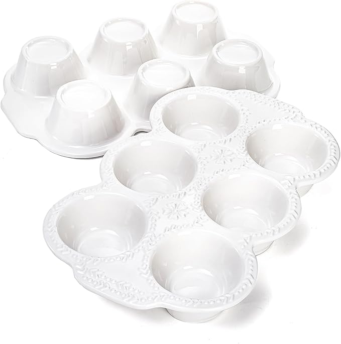 Hiceeden 2 Pack 6-Cup Ceramic Muffin Pan, Nonstick Cupcake Baking Pans with Handle, Ceramic Muffin Tin with Embossed Pattern for Muffin, Cupcake, White