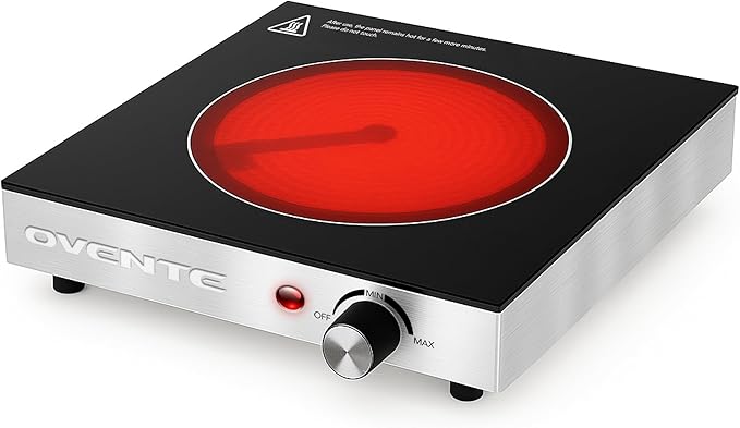 OVENTE Infrared Ceramic Single Burner, 1200W Electric Countertop Hot Plate with Black Crystalline Glass, Portable Stainless Steel Cooktop for Home, Office, or Dorm Use, Black BGI301GB