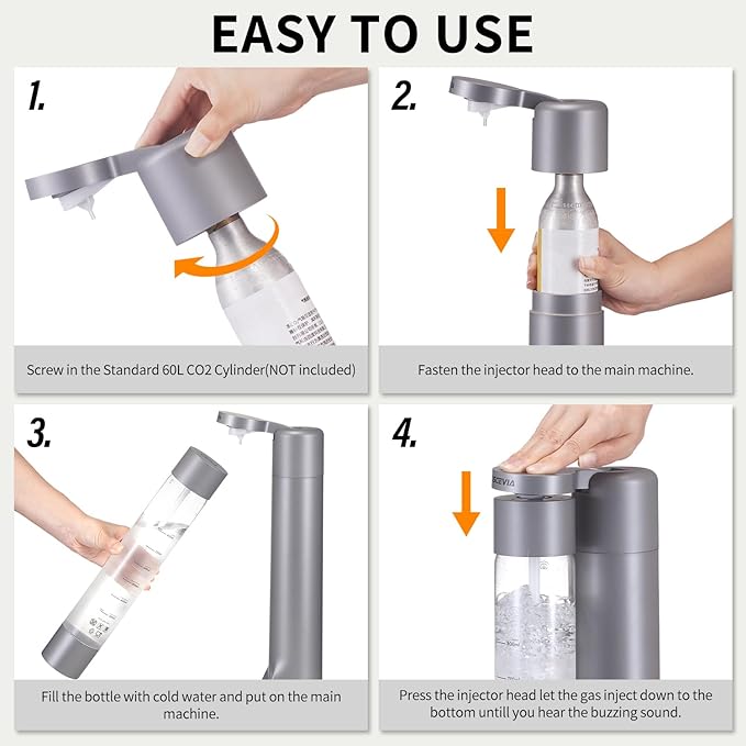 Sparkling Water Machine, Seltzer & Carbonator for Drinks, Soda Steaming Dispenser, Carbonator Machine with 2 BPA Free Bottles, Compatible with Screw-in 60L CO2 Cylinder(NOT Included), GREY