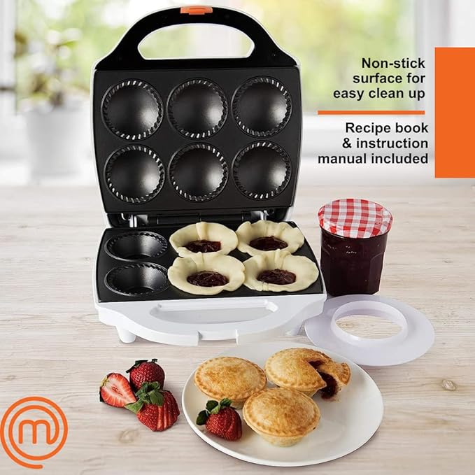 MasterChef Mini Pie & Quiche Maker- Baker Cooks 6 Small Pies or Quiches in Minutes- Non-stick Cooker w Dough Cutting Circle for Easy Measurement & Filling, Must Have Machine for Desserts & Appetizers