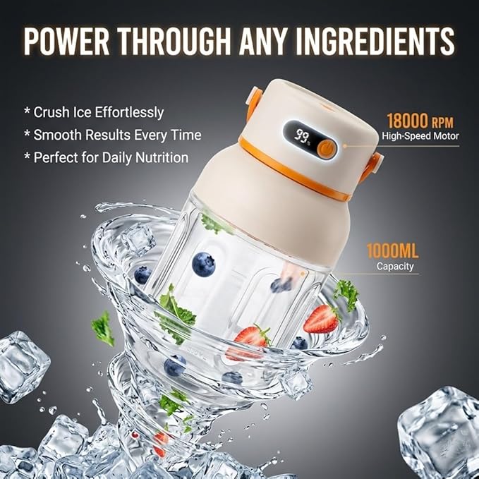 Portable Electric Juicer Cup Personal Size Blender for Smoothies & Shakes 33oz BPA-Free Bottle USB-C Rechargeable Leakproof Travel Lid Powerful Ice Crushing Mini Kitchen Gym Outdoor(1pc)