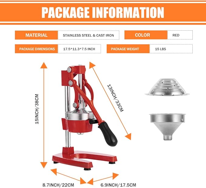 Commercial Heavy Duty Cast Iron Hand Press Manual Orange Citrus Lemon Lime Grapefruit Pomegranate Fruit Juice Squeezer Machine with Stainless Steel Cup Red