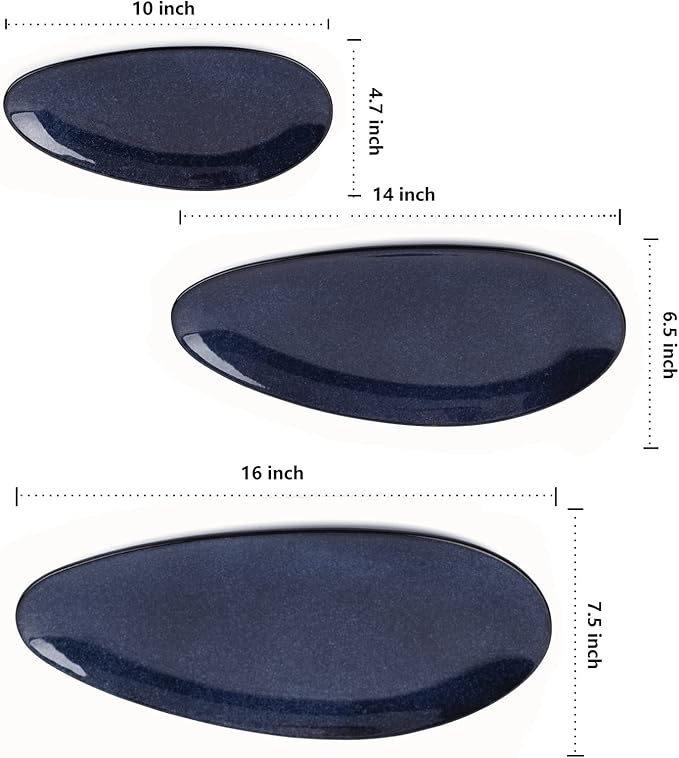 vicrays Large Oval Serving Platters, 16"/14"/10" Porcelain Serving Platters for Party, BBQ,Stackable Serving Trays Serving Plates for Appetizers, Sushi, Restaurant, Dessert, Set of 3 (Blue)