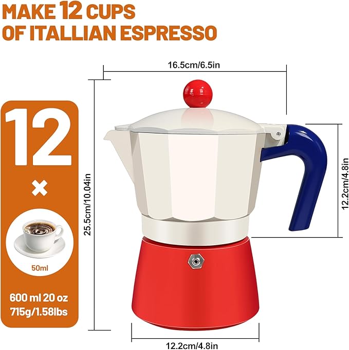 12 Cup Aluminum Espresso Stovetop Moka Pot Express Coffee Maker Percolator Italian Classic Mocha Coffee Machine for Italian and Cuban Cafe Brewing for Home & Camping 600ml 20oz