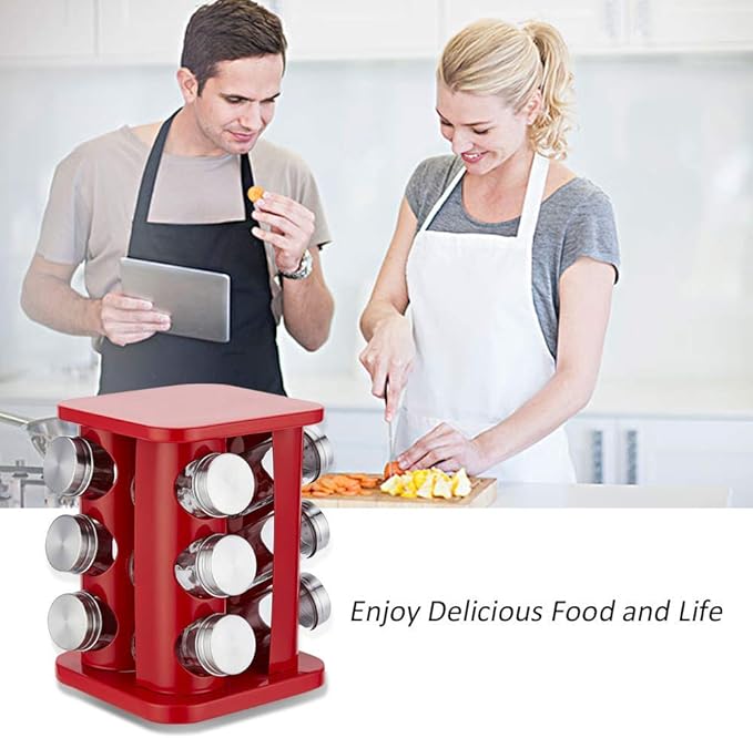Revolving Spice Rack Organizer with 12 Jars, Countertop Spice Seasoning Rack Tower with 12 Glass Jar Bottles Refillable for Kitchen Cabinet, Stainless Steel, Red