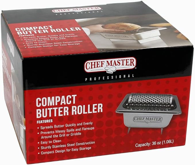 Stainless Steel Butter Roller Dispenser – Stick Butter Spreader for Buns & Bread - Holds 3 Sticks (36 oz) - Dishwasher Safe Wheel for Griddle & Flat Tops by Chef Master - 90244