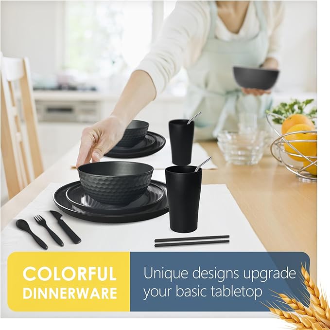Teivio 88-Piece With Flatware Kitchen Plastic Wheat Straw Dinnerware Set for 8, Dinner/Dessert/Appetizer Plates, Cereal Fruit Bowls, Pasta Bowls, Cups, Unbreakable Dishwasher Safe Outdoor Dish, Black
