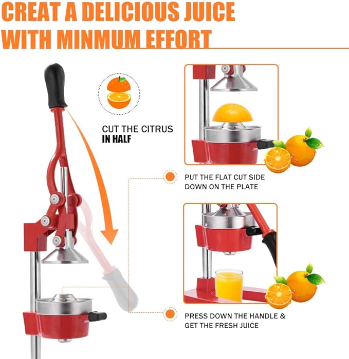 Commercial Heavy Duty Cast Iron Hand Press Manual Orange Citrus Lemon Lime Grapefruit Pomegranate Fruit Juice Squeezer Machine with Stainless Steel Cup Red