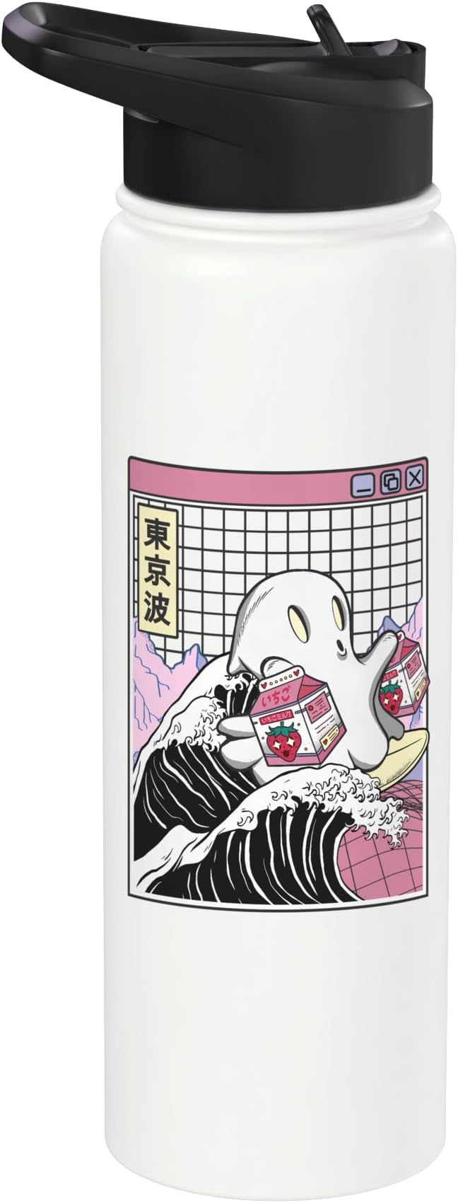 Surfing Ghost Strawberry Milk Cartons Anime Kawaii Vaporwave Stainless Steel Insulated Water Bottle