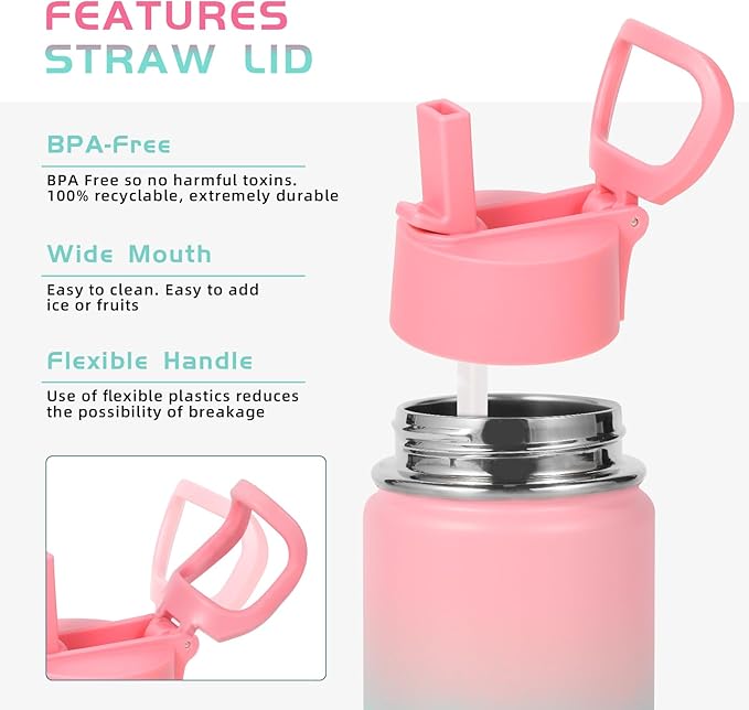 Volhoply 14oz KIds Water Bottle with Straw Lid and Silicone Boot Bulk 2 Pack,Stainless Steel Insulated Cups for Boys & Girls Multipack,Double Wall Vacuum Leakproof Bottles(Mix,2)