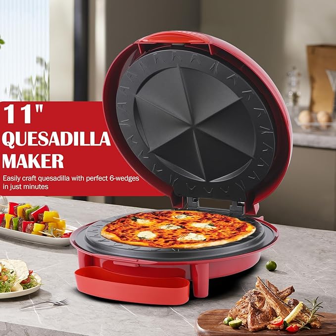 Vivicreate Electric Quesadilla Maker 10 Inch, 6-Wedge Quesadilla Press with Extra Stuffing Latch, Nonstick Plates, Easy Slice Tortilla Maker with Indicator Lights, Snack Maker Red