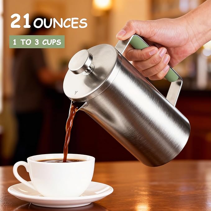 Stainless Steel French Press Coffee Maker 21OZ(0.6 Litre), Camping Coffee Press with Green Handle for Personal, Office, Travel(Sanding Silver, 1-3 Cups)