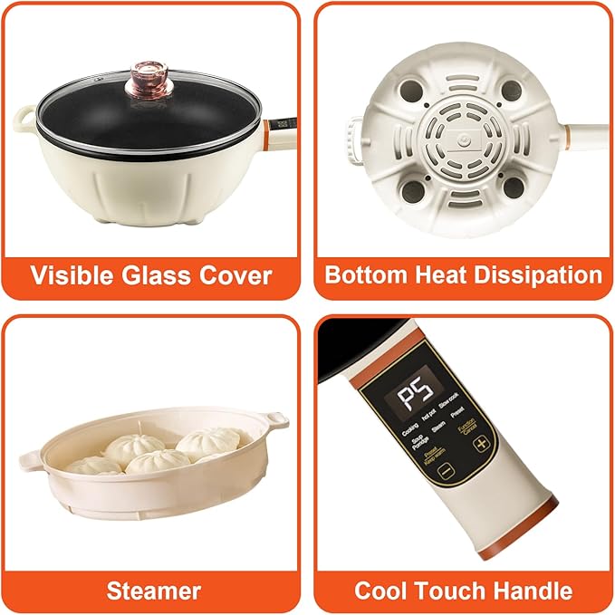 4L Electric Skillet 1000W Electric Cooker with Non-Stick Coating & Steamer, Timer & Schedule Cooking Settings, 12" Large Electric Hot Pot with Lid for Soup, Pasta, Frying, Stir-Fry