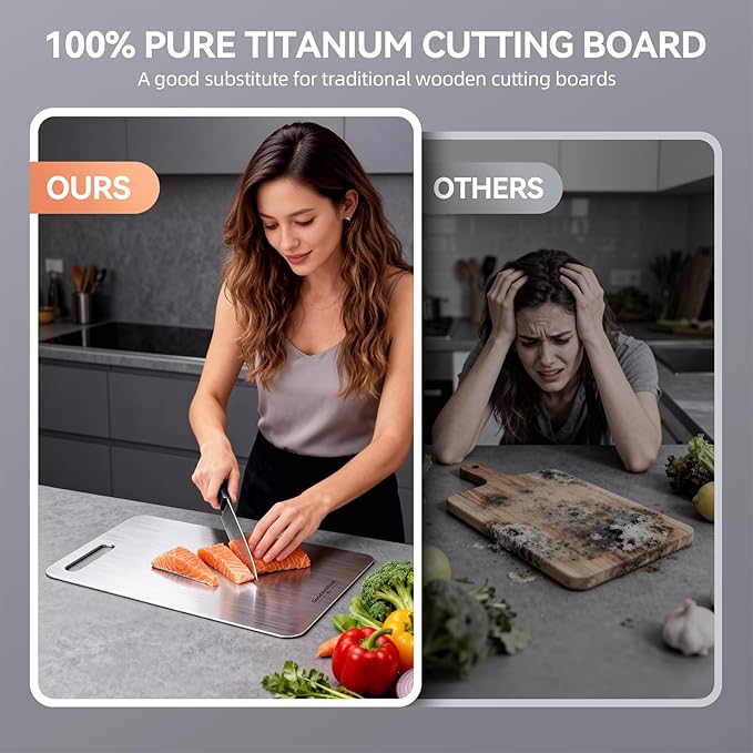 Titanium Cutting Boards,100% Pure Titanium Kitchen Cutting Board, Double-Sided Non-Toxic Cutting Board, Ideal for Slicing and Dicing Meats, Features Handle, Dishwasher Safe,16"L*10"W