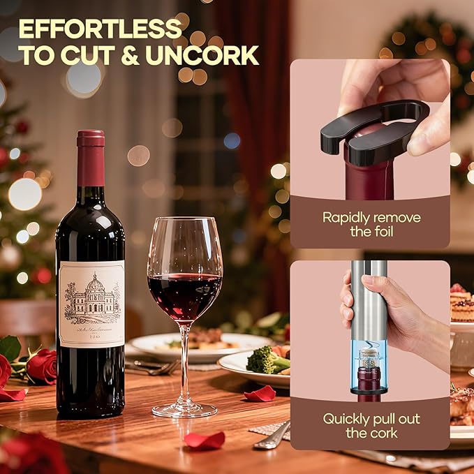 Electric Wine Opener,Rechargeable Automatic Wine Opener Corkscrew Opener Set With Wine Stopper, Foil Cutter, Wine Aerator,Storage Base & USB-C Cable Christmas Gifts for Wine Lovers