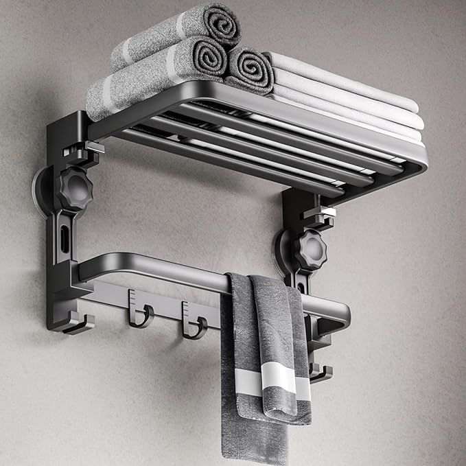 Towel Rack with Towel Bar Holder Suction Cup Foldable Towel Shelf No Drill with 7 Hooks Rustproof Towel Storage Wall Mount for Bathroom Lavatory Matte Blackish Gray16 Inch