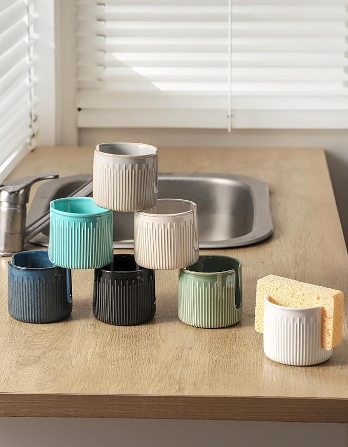 Ceramic Sponge Holder for Kitchen Sink, Scrub Sponge Dish Rack, Farmhouse Compact Sink Caddy Organizer, Black