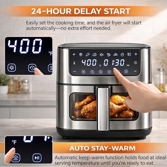 Simple Deluxe 8-in-1 Air Fryer 6.34 Qt, Digital Preset Airfryer with Visible Window, Nonstick and Dishwasher-Safe Basket, Air Fry, Chicken, Pizza, Dehydrate, Fries, 90-Min Timer, 1700W, Black