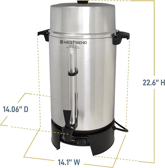 West Bend 33600 Coffee Urn Commercial Highly-Polished Aluminum NSF Approved Features Automatic Temperature Control Large Capacity with Fast Brewing and Easy Clean Up, 100-Cup, Silver