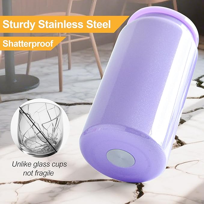 6 Pack Glass Cups with Lids and Straws Unbreakable 16 oz Stainless Steel Can Cup Double Wall Insulated Beer Can Tumbler for Iced Coffee, Juice, Soda, Iridescent-Colored