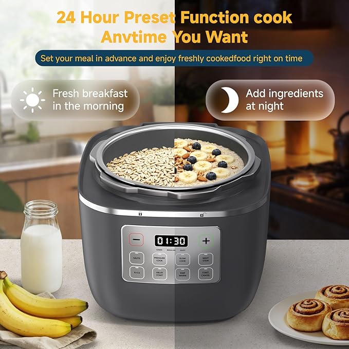 3QT Electric Pressure Cooker, 8-Function Compact Multi-Cooker with Ceramic Nonstick Pot – Saute, Pressure Cook, Slow Cook, Meat Stew, Rice, Delay Start, Keep Warm & Safe Venting, Gray
