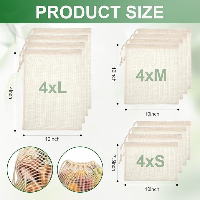 22 Pack Reusable Produce Bags Washable - Cotton Mesh Grocery Bags Lightweight Hanging Storage Bag Breathable Durable Net Shopping Sack for Vegetables Fruits