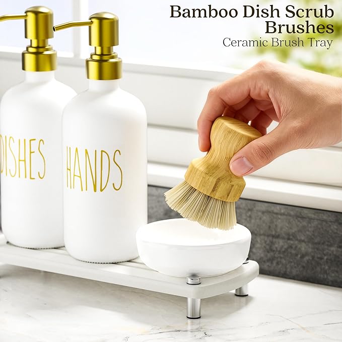Galasily Gold Soap Dispenser Set Comes with Stainless Steel Pumps, Instant Dry Tray, and Dish Scrub Brush, Kitchen Soap Dispenser Set Suitable for Kitchen Decor and Bathroom Accessories(Gold)