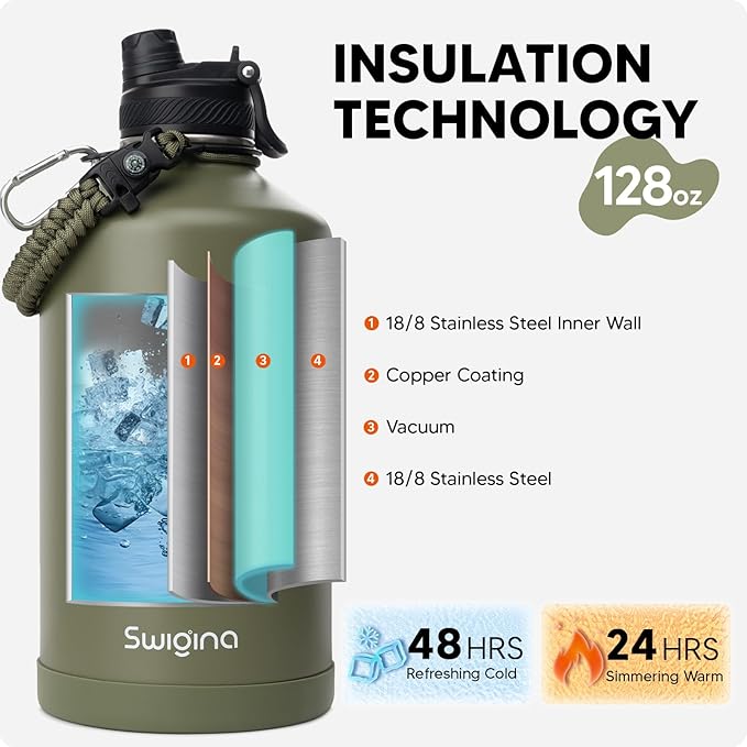 Swigina [2-IN-1 LID] Gallon Insulated Water Bottle with Silicone Boot (48hrs Cold/24hrs Hot) - DIY Stickers, Leakproof, BPA Free, 128 oz