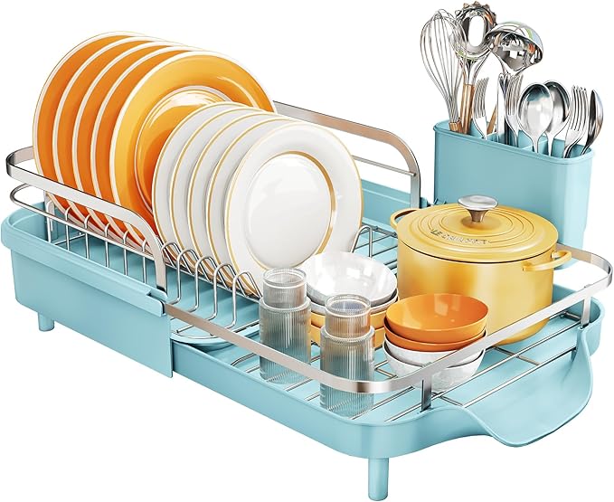 SNTD Dish Drying Rack, Expandable Dish Rack for Kitchen Counter, Stainless Steel Dish Drainer with Drainboard Set and Utensil Holder (Blue)