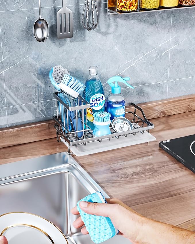 Consumest Sink Caddy, Kitchen Sponge Holder with Dish Brush Holder, Kitchen Sink Organizer with Drip Tray for Countertop Stainless Steel Rustproof, Silver-Large