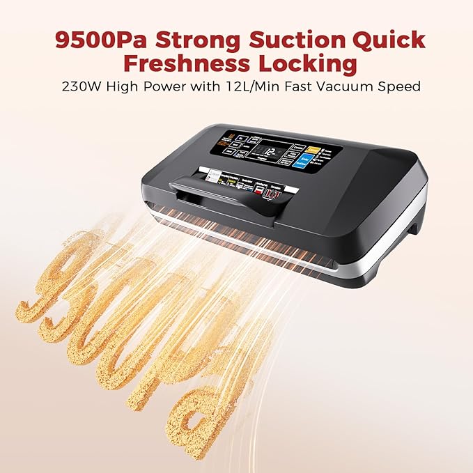 Vacuum Sealer for Food, 10 Modes 95KPa vacuum sealer for Wet/Dry Food, Automatic Food Vacuum Sealer Machine with Double Seal Strip, Built-in Cutter & Roll Storage, Complete Kit with Bags