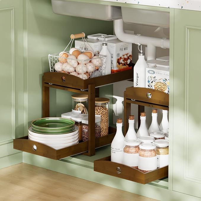 Bamboo Wood Under Sink Organizer 1 Pack, Pull Out Cabinet Organizer 2 Tier Under Sink Organizers and Storage w/Sliding Drawer Sturdy Easy Assembly for Kitchen Bathroom Undersink (Walnut, 2 Packs)