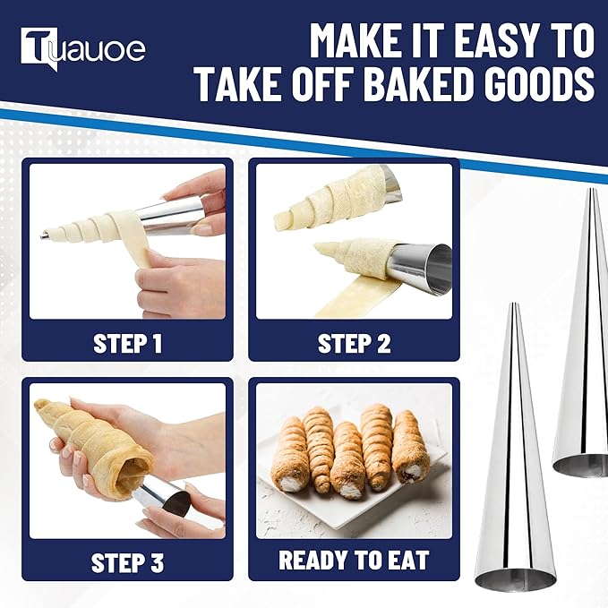 Cream Horn Molds for Baking, 38pcs Horn Forms Set, Non-stick Stainless Steel 30pcs Cone Shaped with Cleaning Brush, Piping Tip, Piping Bag, for ice Cream Cones, Puff Pastry, Baking Cones