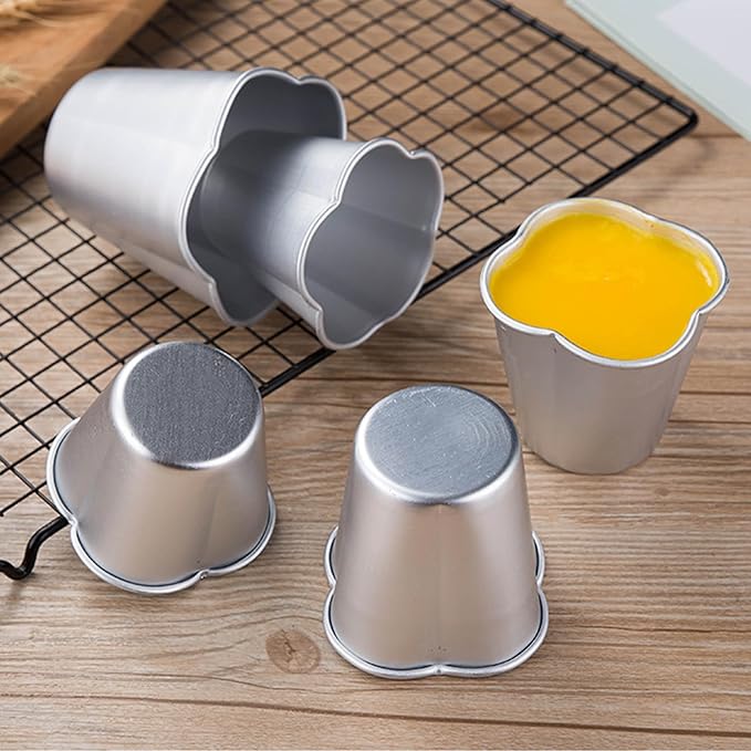 6 Packs Popover Pan, Aluminium Pudding Tin Cup Baking Maker, Individual Muffin Chocolate Molten Brownie Tumbler Raspberry Souffle Cupcake Moulds - Five-Petaled Flower Pudding 3"x 2.8"