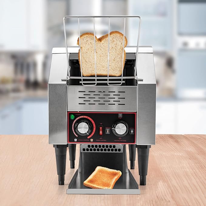 Commercial Conveyor Toaster 1300W, 150 Slices/Hour Stainless Steel Bread Oven with Dual Temp Control & Double Chutes - 7-Speed Adjustable