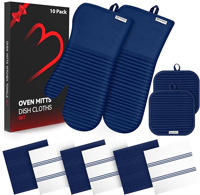 Oven Mitts and Pot Holder Sets with Silicone Grip, 500°F Heat Resistant-6 Pack Dishcloth/Dish Towels for Kitchen 100% Cotton-Value Kitchen Essentials for Cooking, Baking, Grilling-Marine Blue