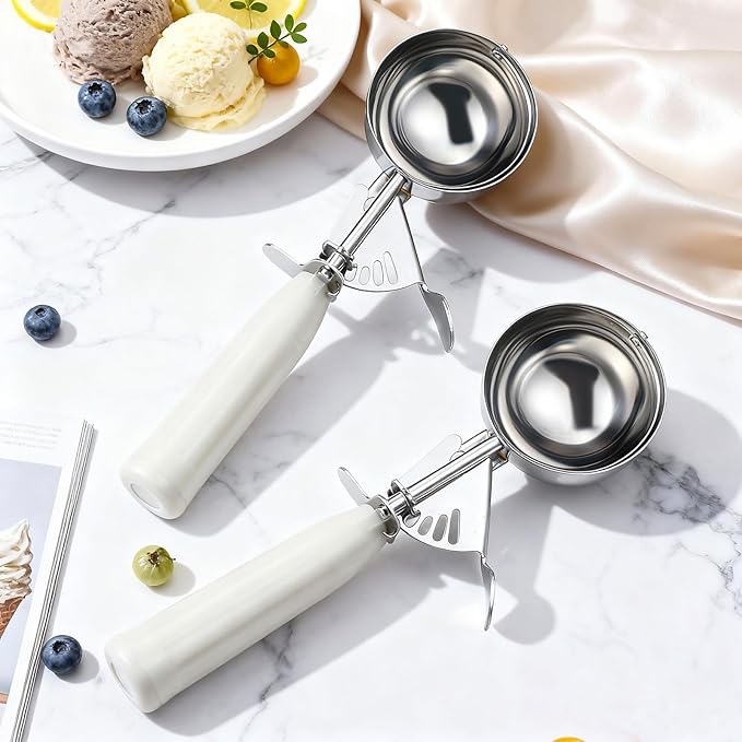 Reallnaive 2 Pcs Release Cookie Scoops Ice Cream Scooper with Trigger Release Portion Scoop Stainless Steel for Portion Control, Baking Food, Cookie Dough (2.65 oz,Ivory)