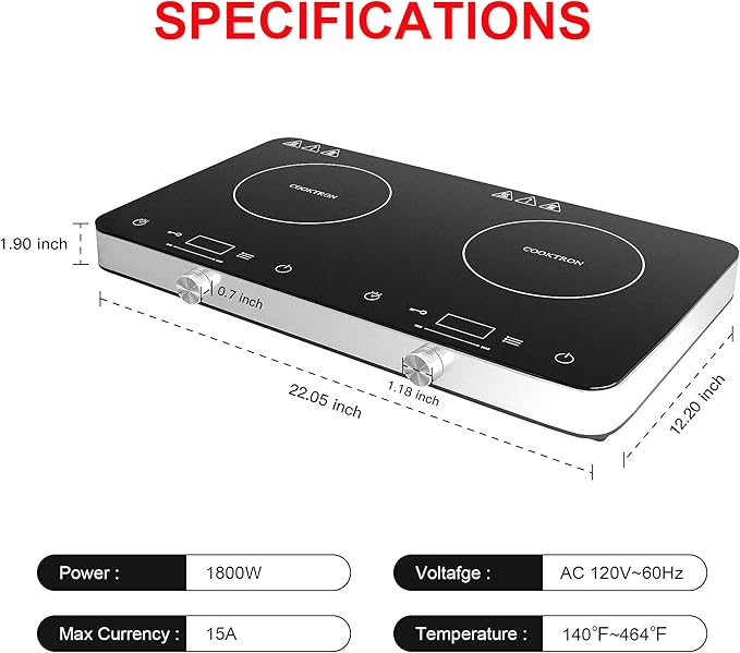 COOKTRON Double Induction Cooktop Burner, 1800w 2 burner Induction Cooker Cooktop, 10 Temperature 9 Power Settings Portable Electric Countertop Burner Touch Stove with Child Safety Lock & Timer