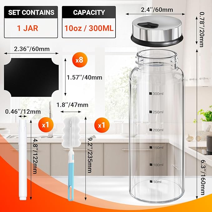 Segarty 10oz Glass Spice Jar with Adjustable Pour Holes Scale Lines, 1 Pack Empty Seasoning Bottle with Shaker Lid for Pepper Sugar, Large Spices Container with 8 Stickers, 1 Brush and 1 Chalk Marker